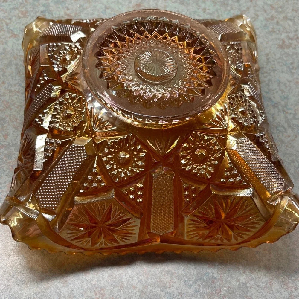 Vintage Imperial Glass Marigold Carnival‎ Glass Star & File Square Bowl